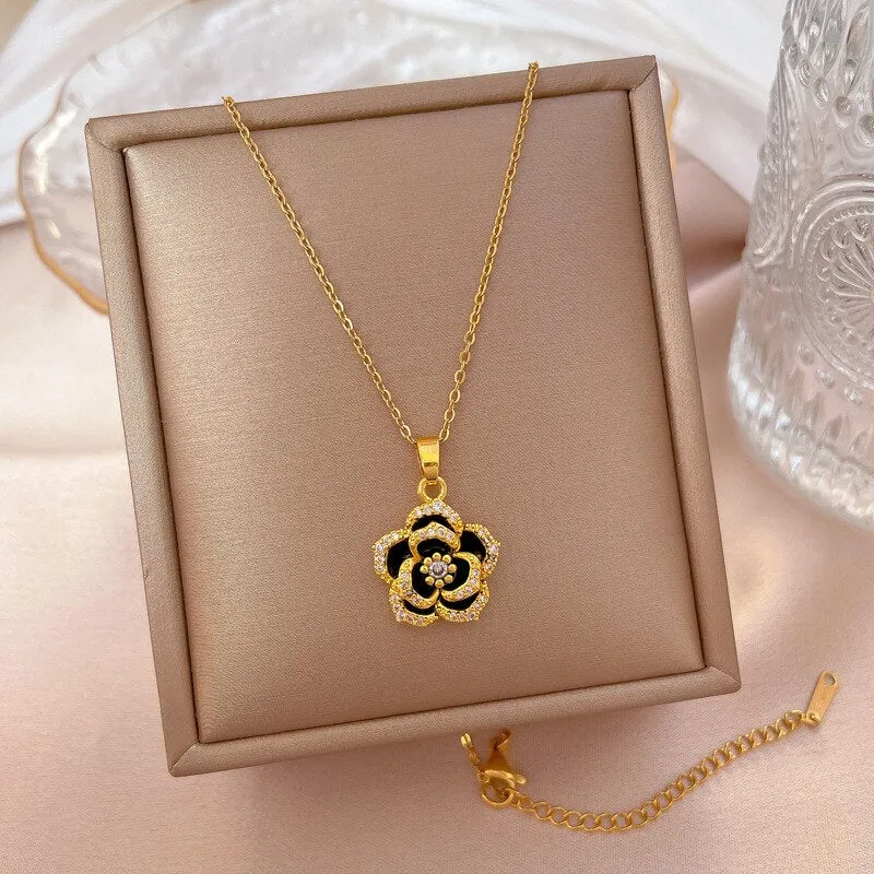 Beautiful Flower Chain Long Style Exquisite Black Camellia Clavicle Chain Necklace For Women