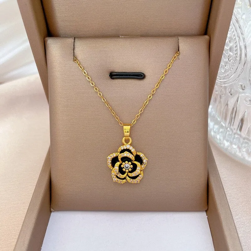 Beautiful Flower Chain Long Style Exquisite Black Camellia Clavicle Chain Necklace For Women
