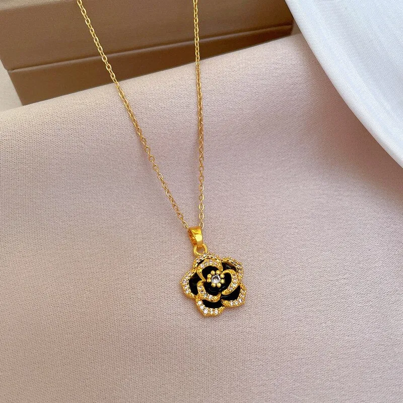 Beautiful Flower Chain Long Style Exquisite Black Camellia Clavicle Chain Necklace For Women
