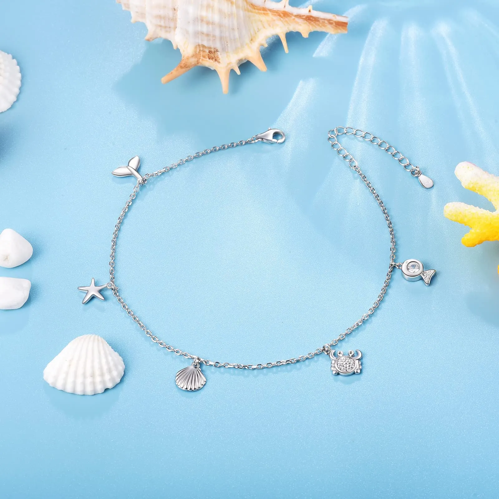 BEILIN 925 Sterling Silver Seabeach Anklets for Women Teen Teens Ocean Ankle Bracelets for Women(Whale tail turtle 8.6 2)