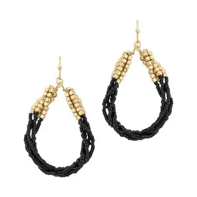 Black And Gold Seed Bead Wrapped Teardrop Earrings