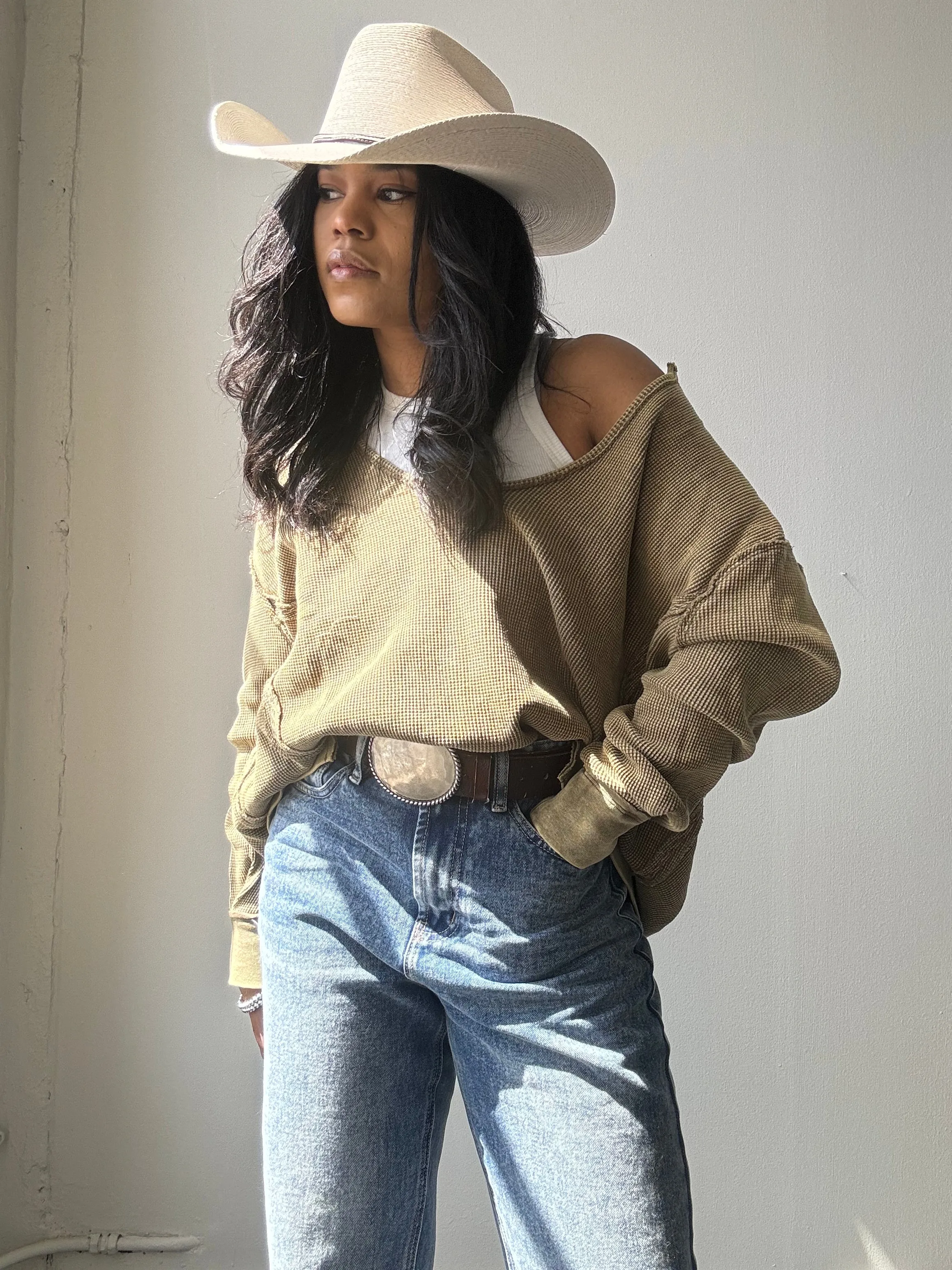 Blake Open Neck Cotton Pullover In Acid Olive