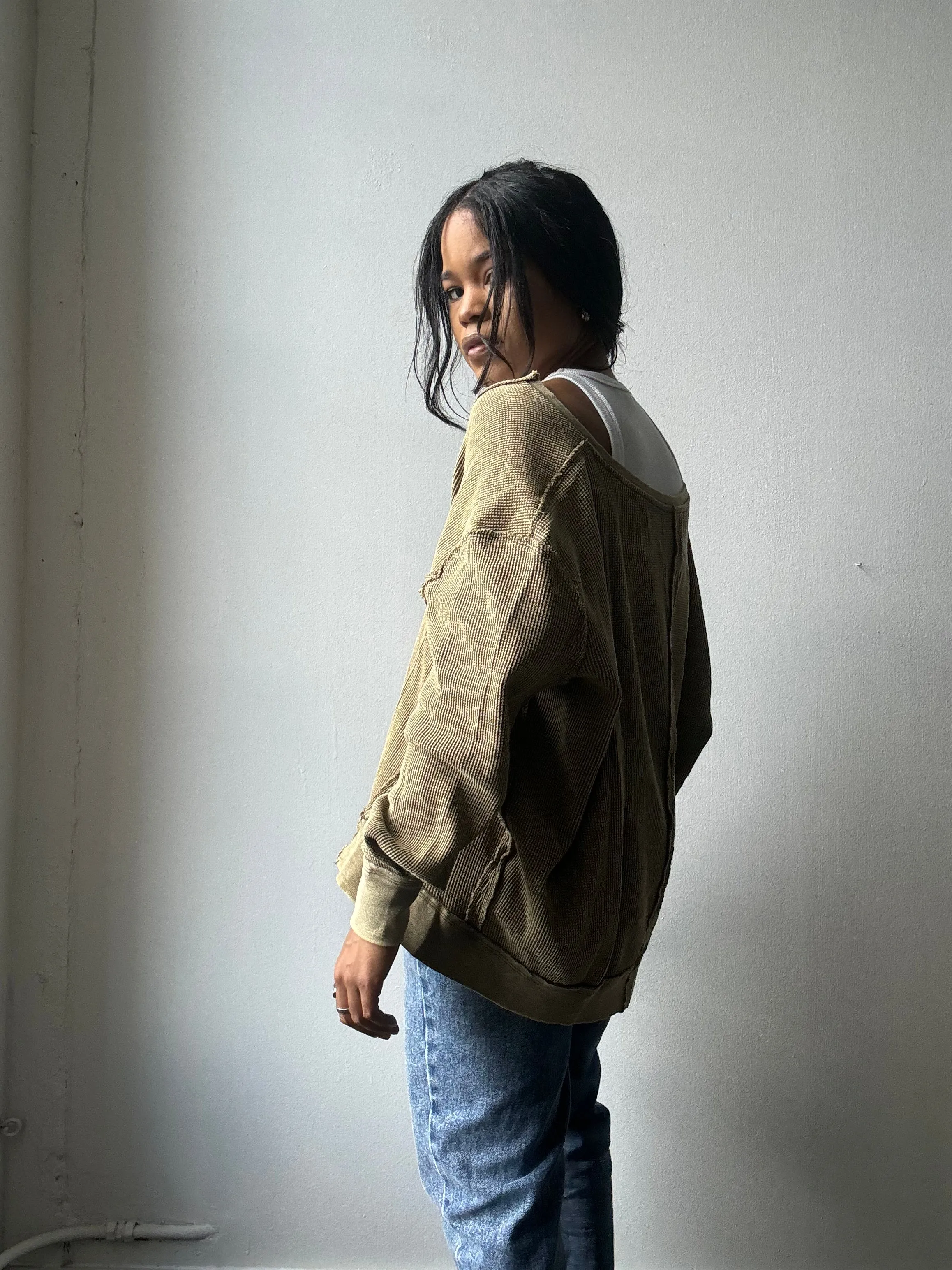 Blake Open Neck Cotton Pullover In Acid Olive