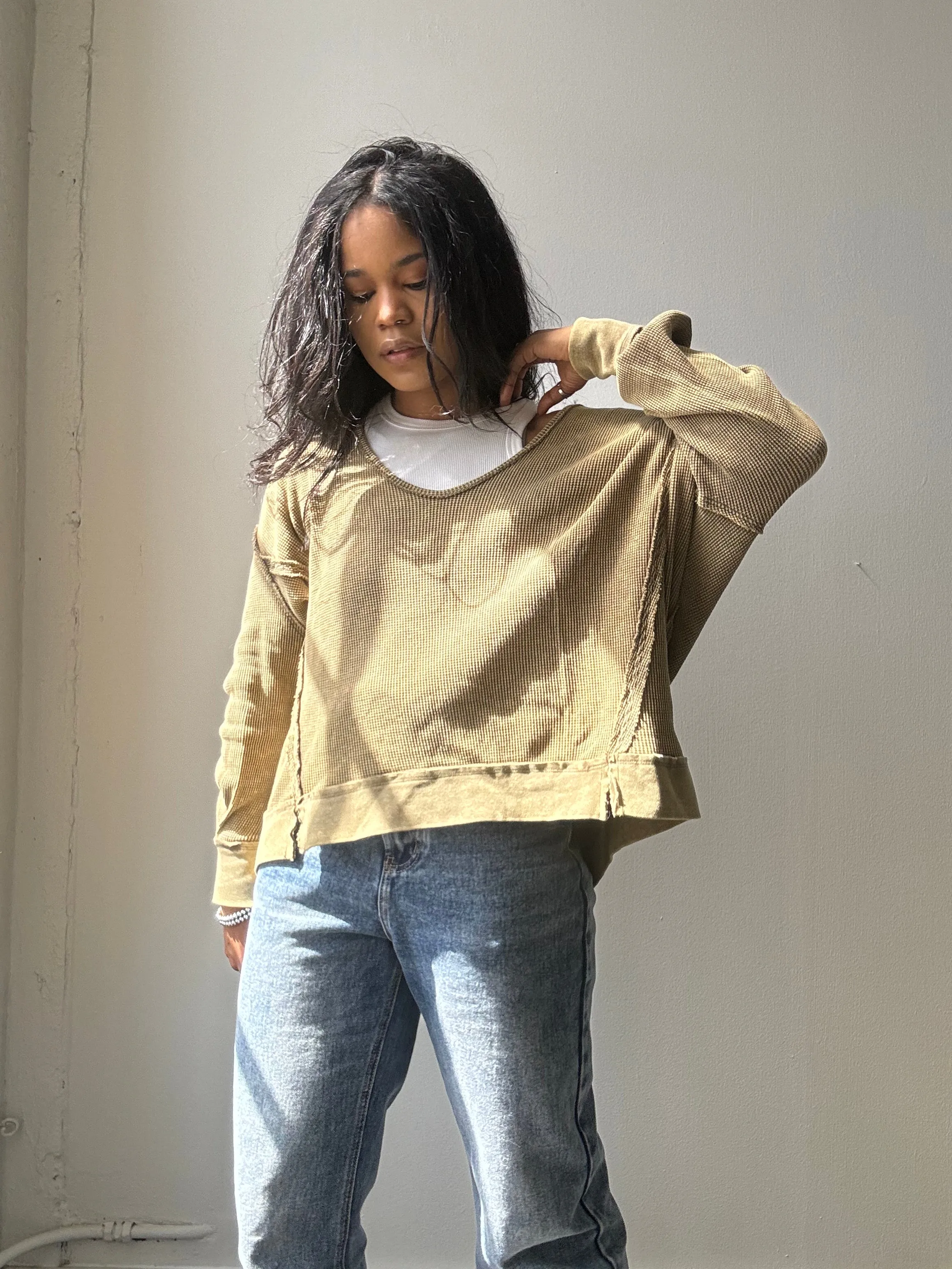 Blake Open Neck Cotton Pullover In Acid Olive