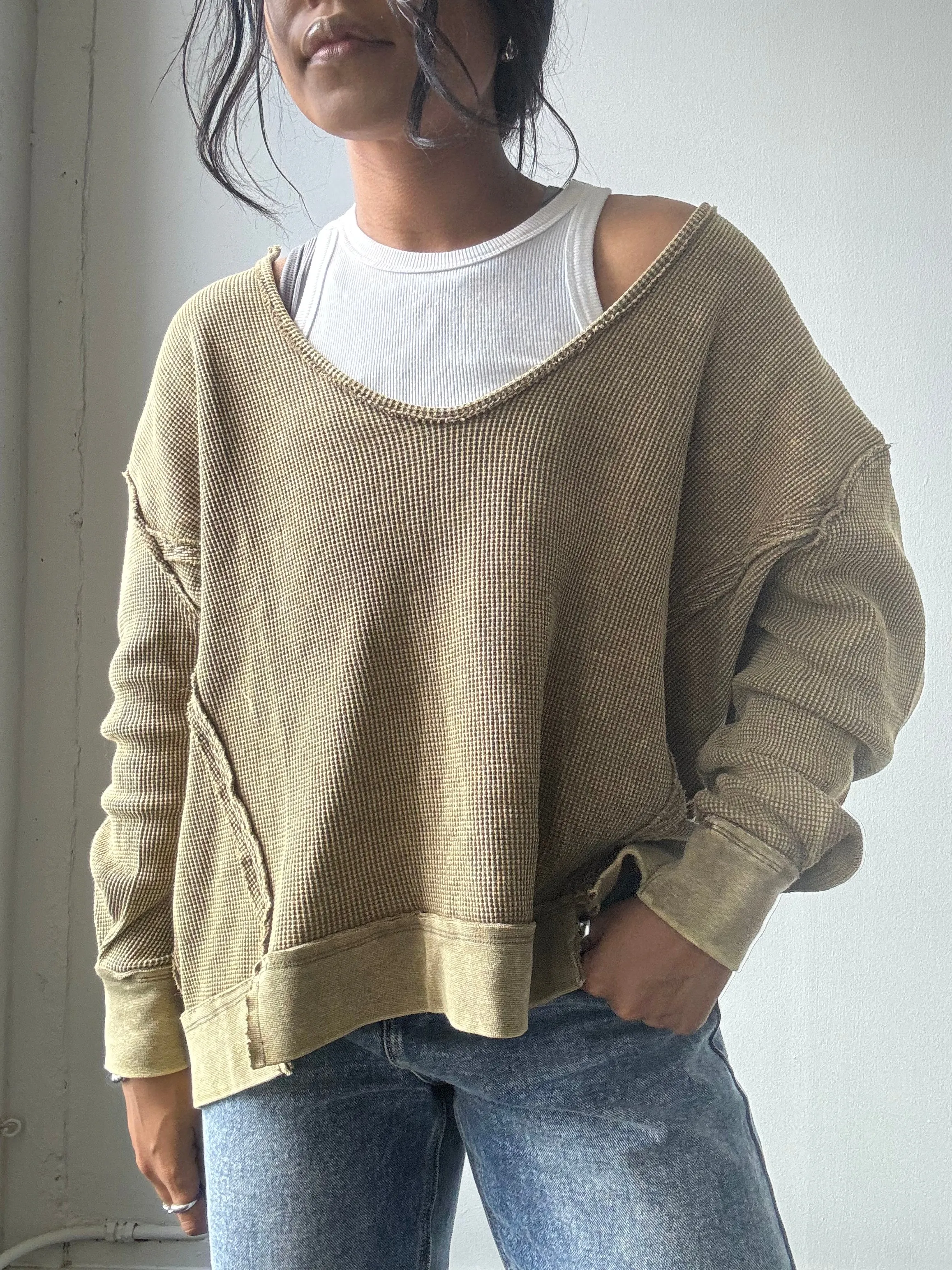 Blake Open Neck Cotton Pullover In Acid Olive