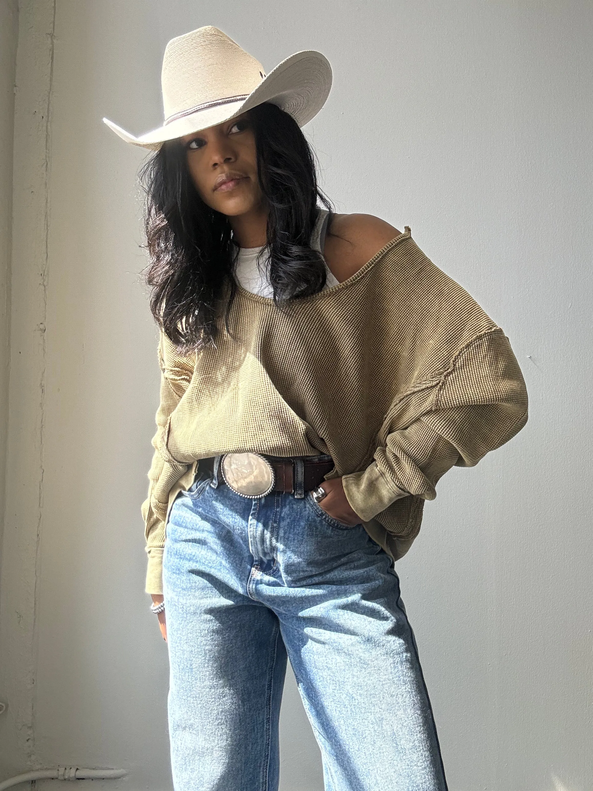 Blake Open Neck Cotton Pullover In Acid Olive