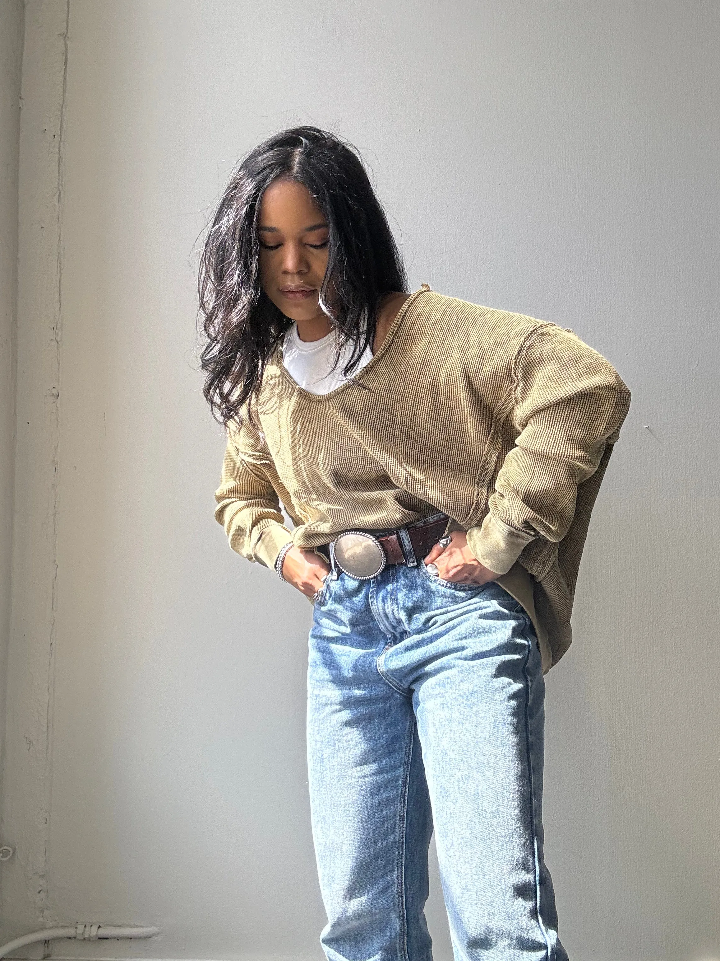 Blake Open Neck Cotton Pullover In Acid Olive