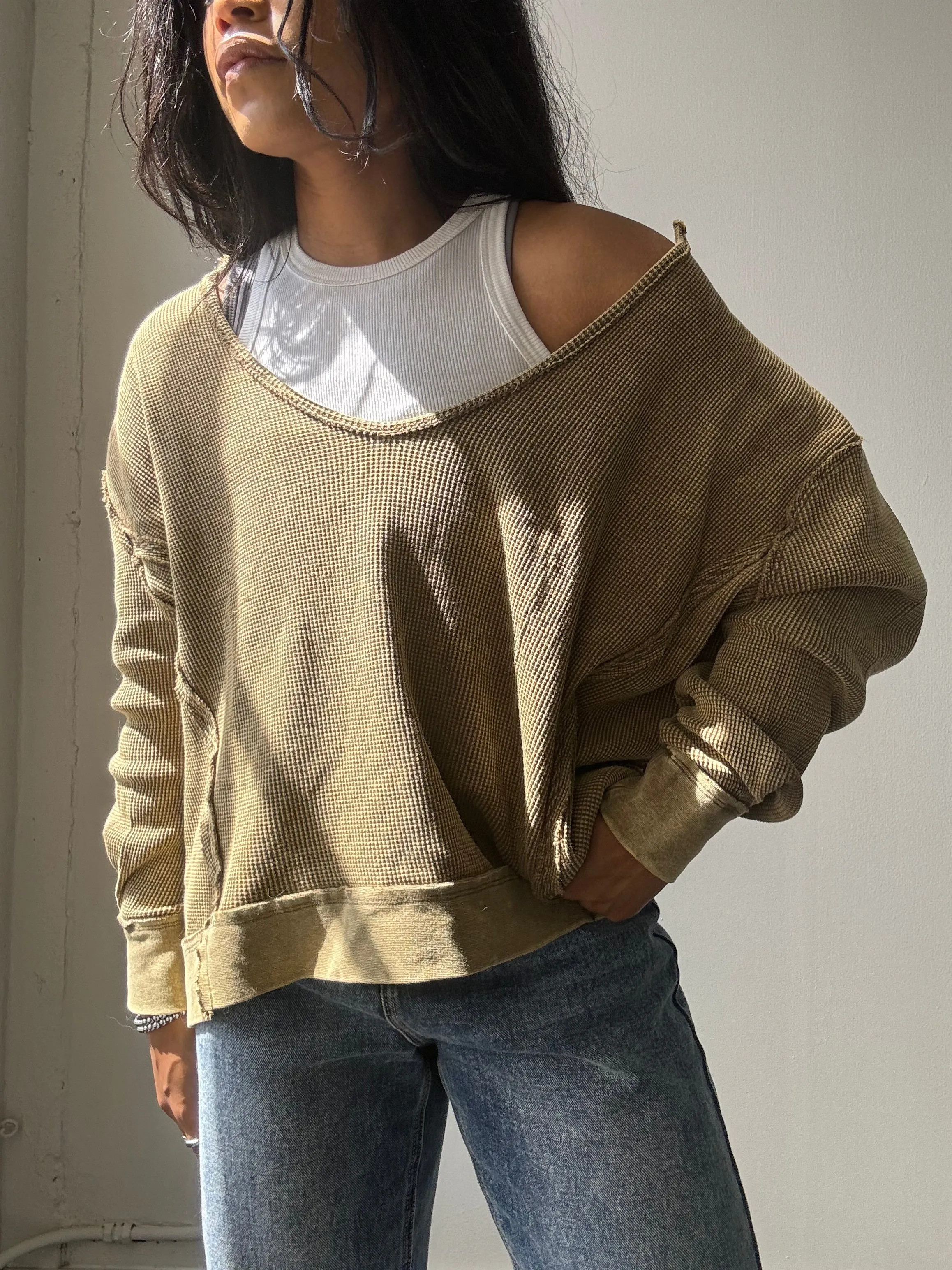 Blake Open Neck Cotton Pullover In Acid Olive