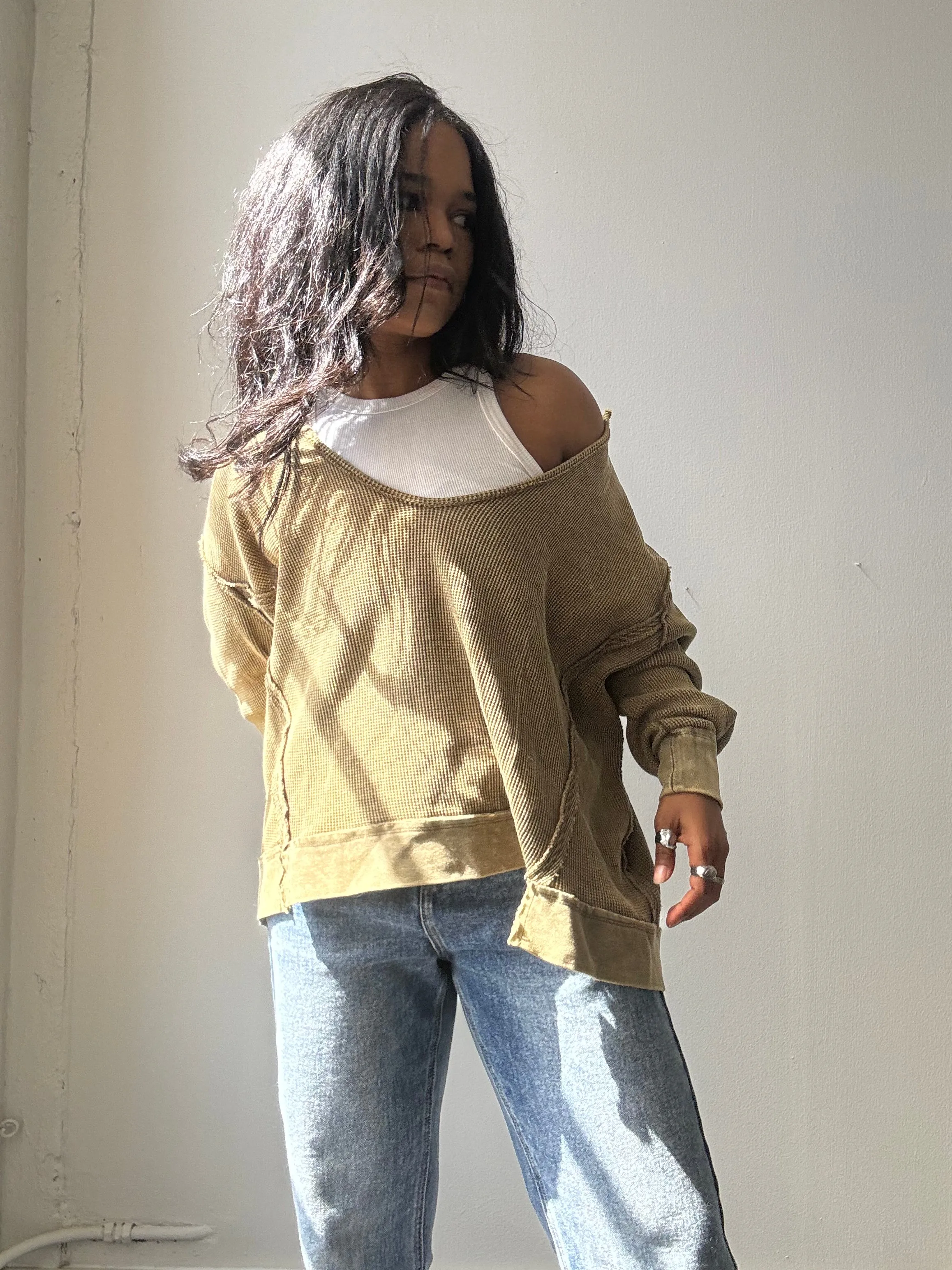 Blake Open Neck Cotton Pullover In Acid Olive