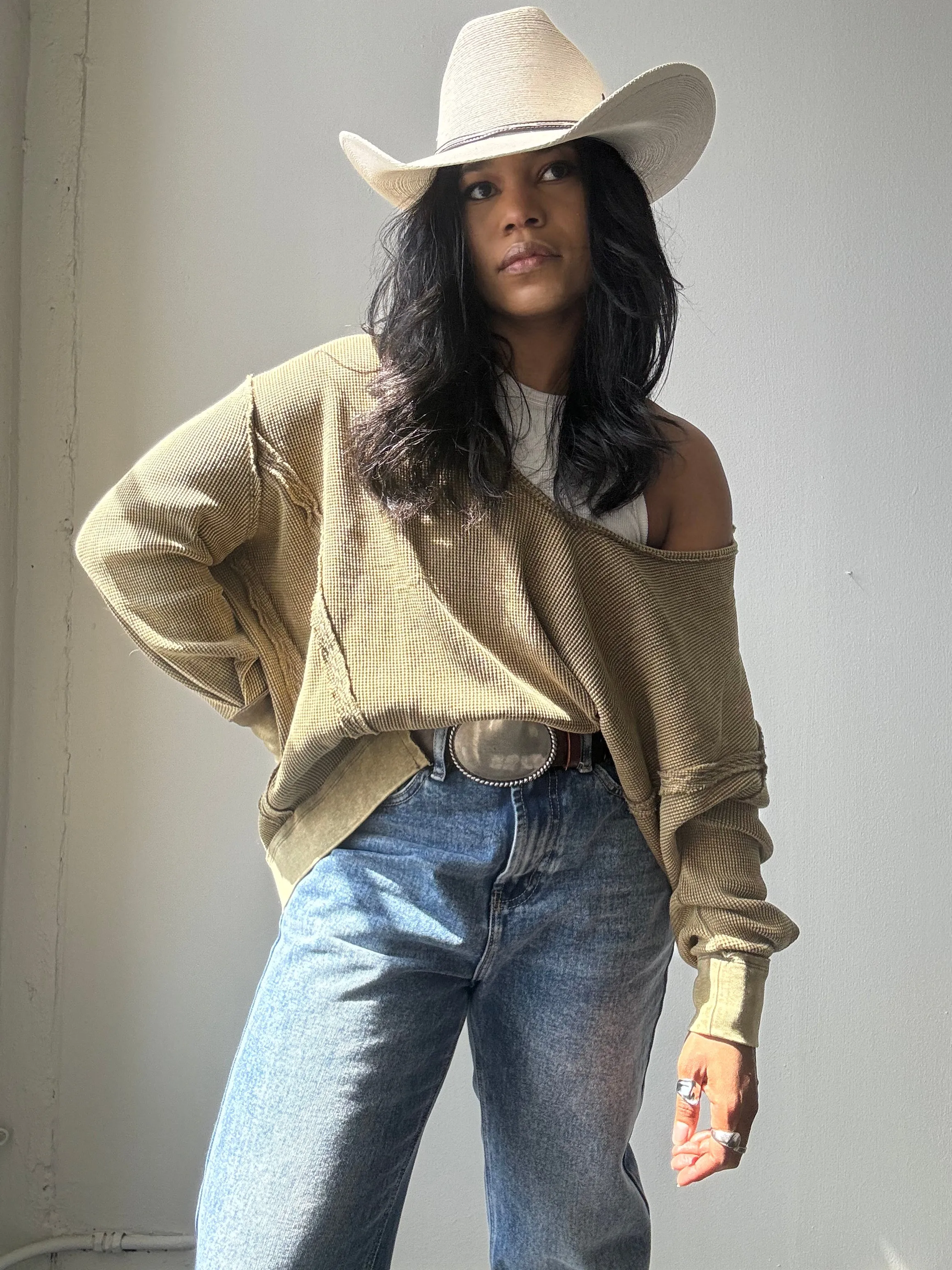 Blake Open Neck Cotton Pullover In Acid Olive