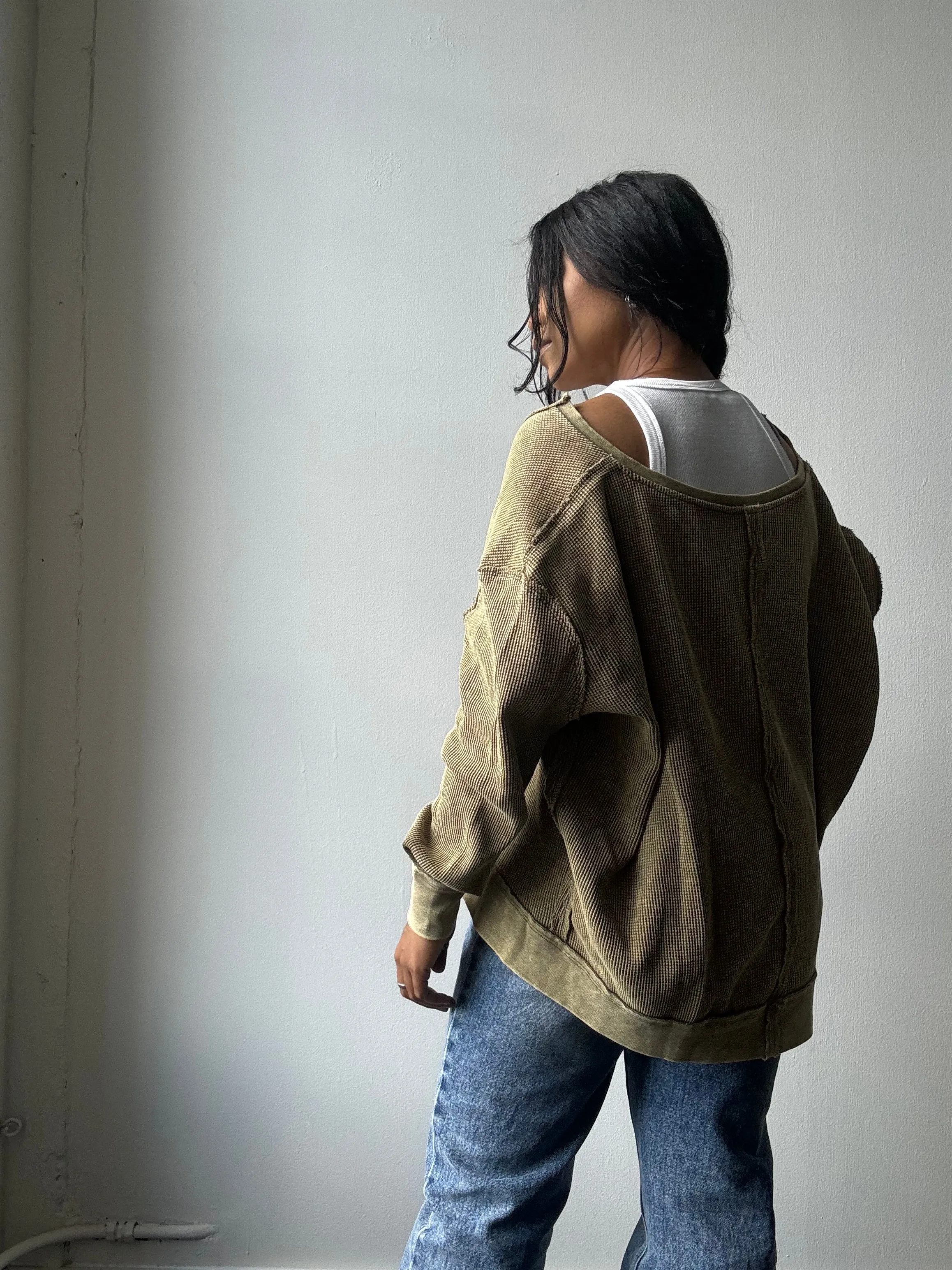 Blake Open Neck Cotton Pullover In Acid Olive