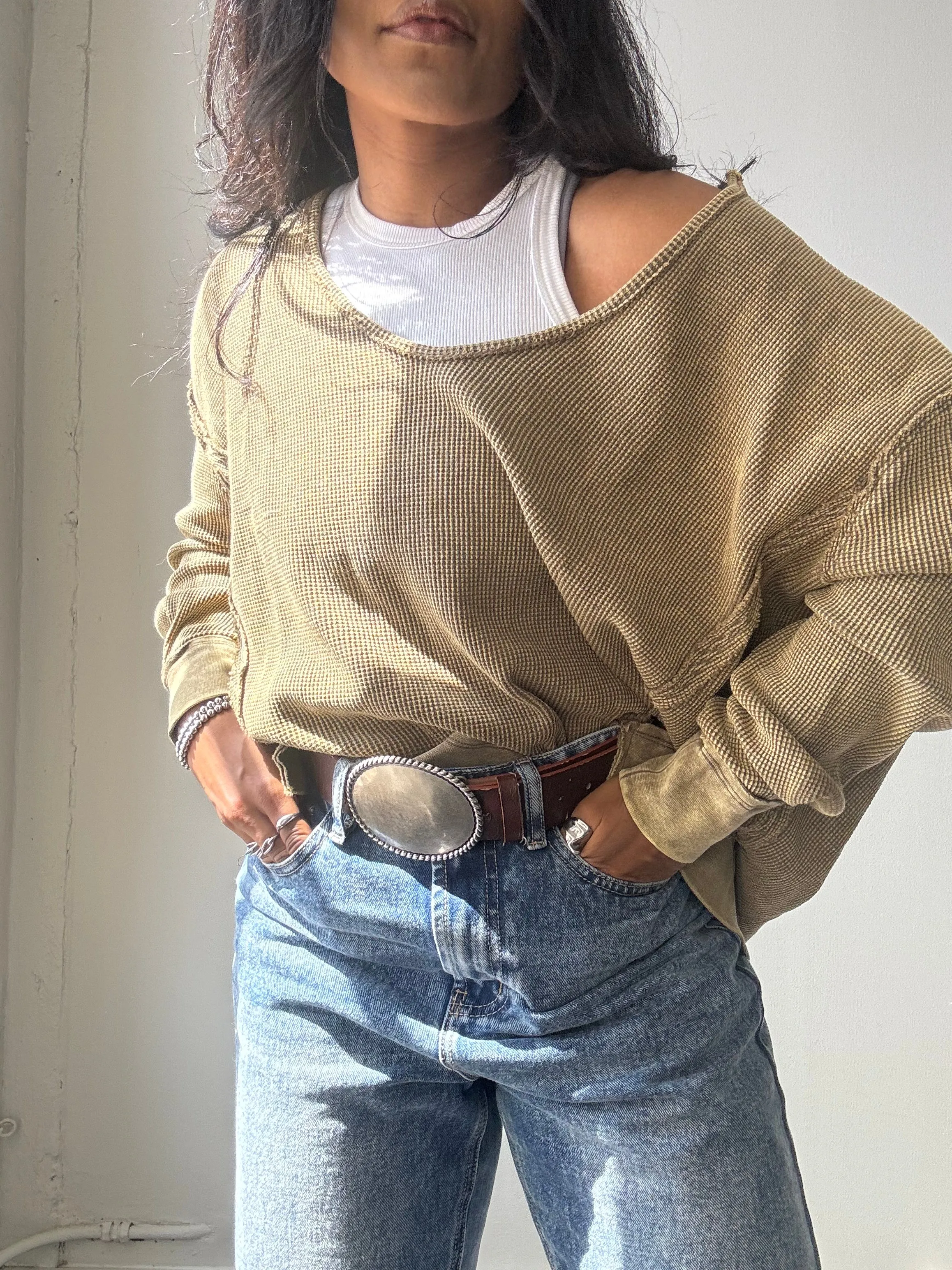 Blake Open Neck Cotton Pullover In Acid Olive
