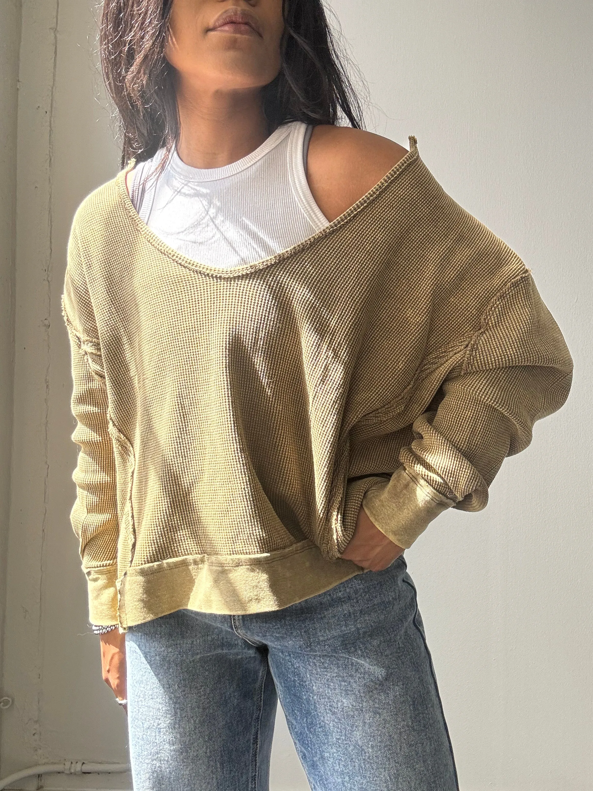 Blake Open Neck Cotton Pullover In Acid Olive