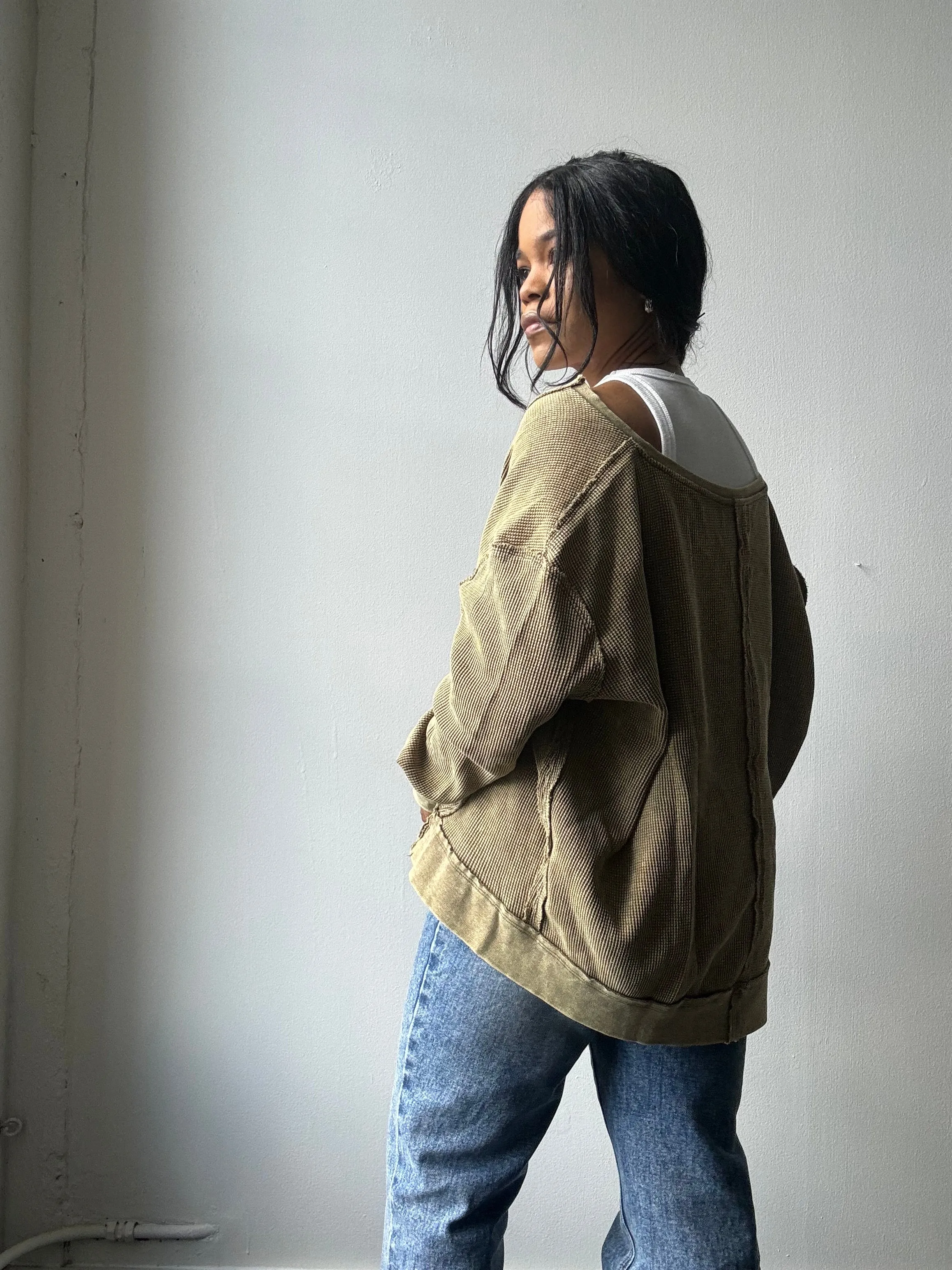 Blake Open Neck Cotton Pullover In Acid Olive