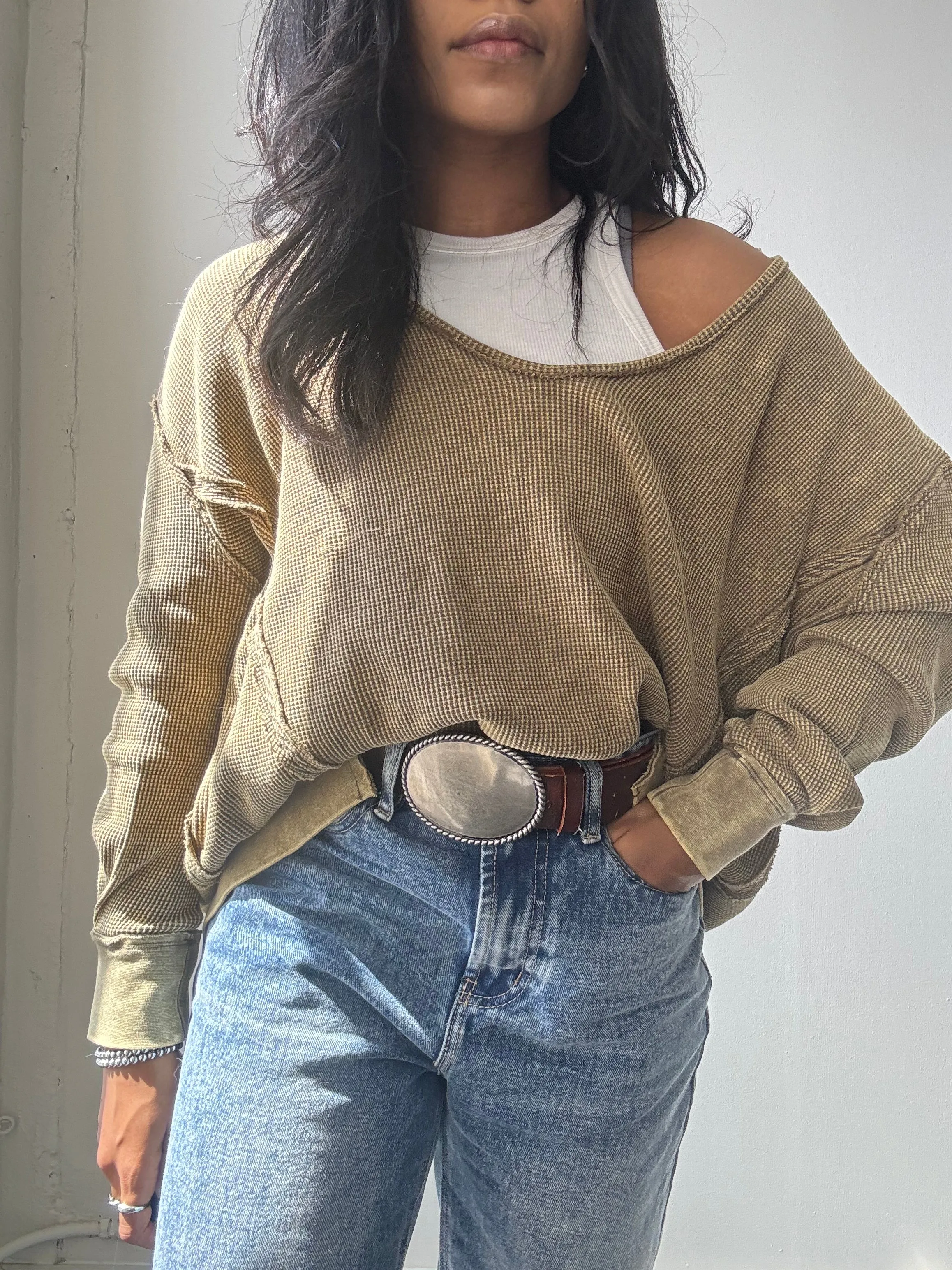Blake Open Neck Cotton Pullover In Acid Olive
