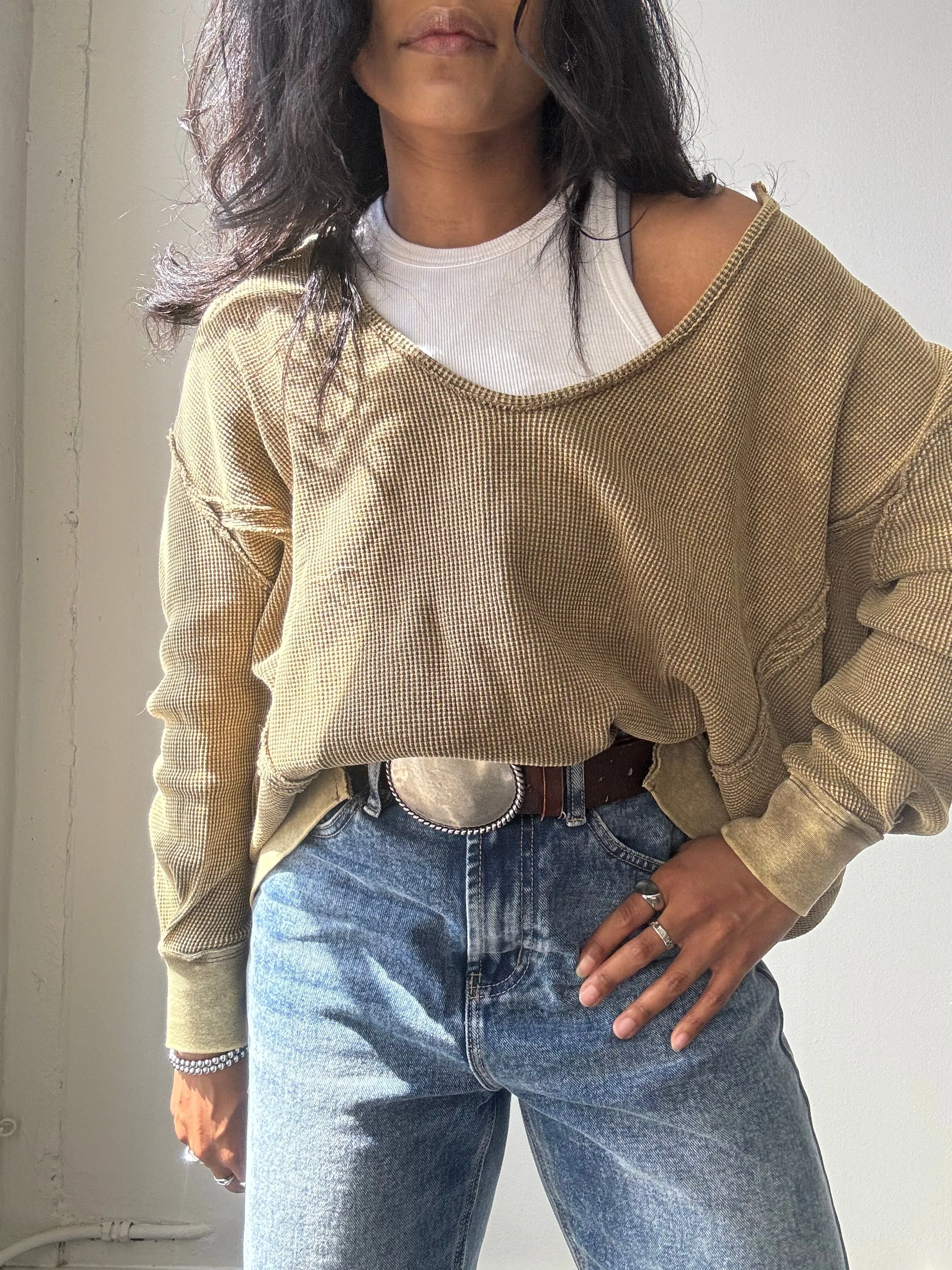 Blake Open Neck Cotton Pullover In Acid Olive