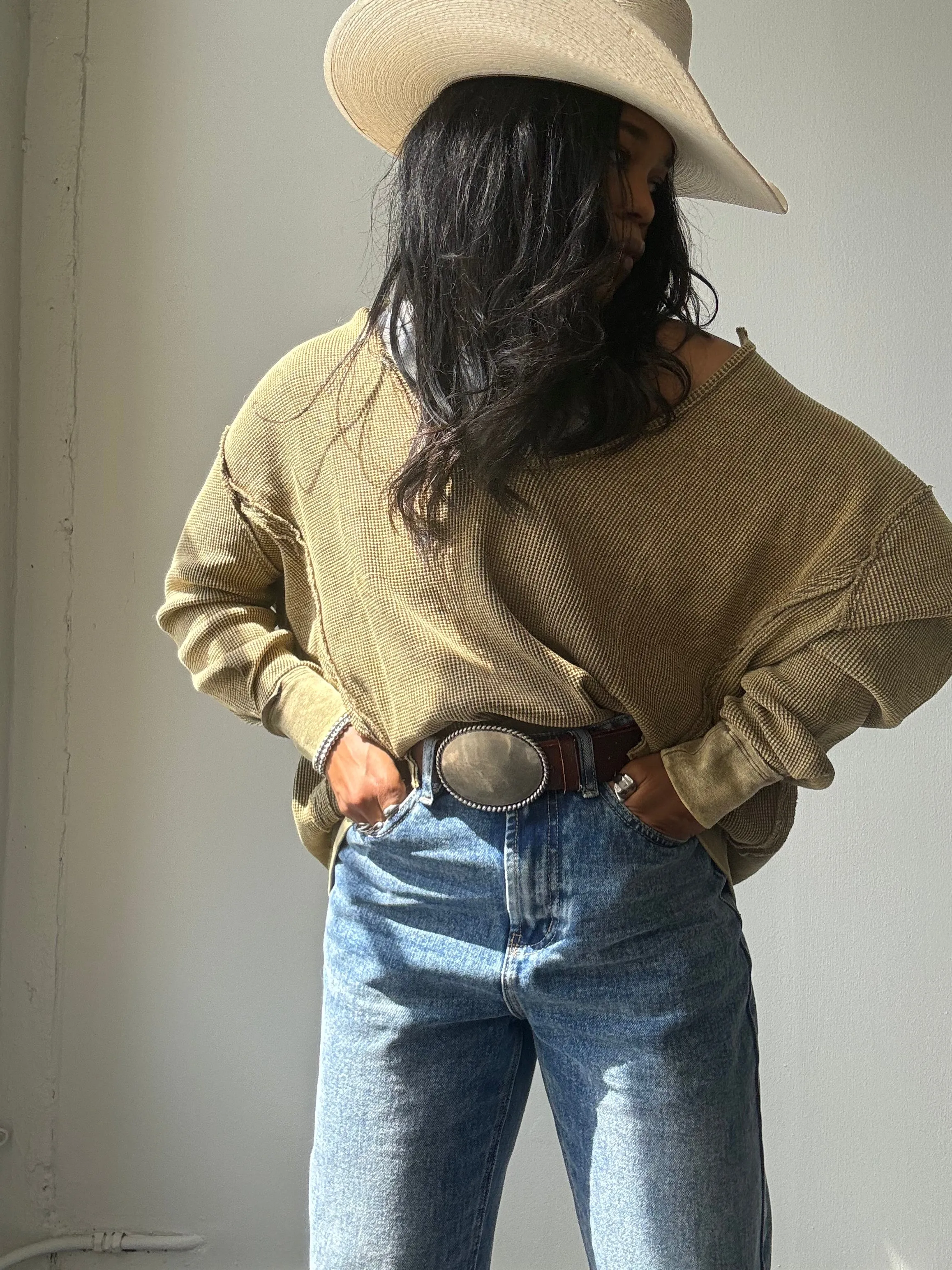 Blake Open Neck Cotton Pullover In Acid Olive