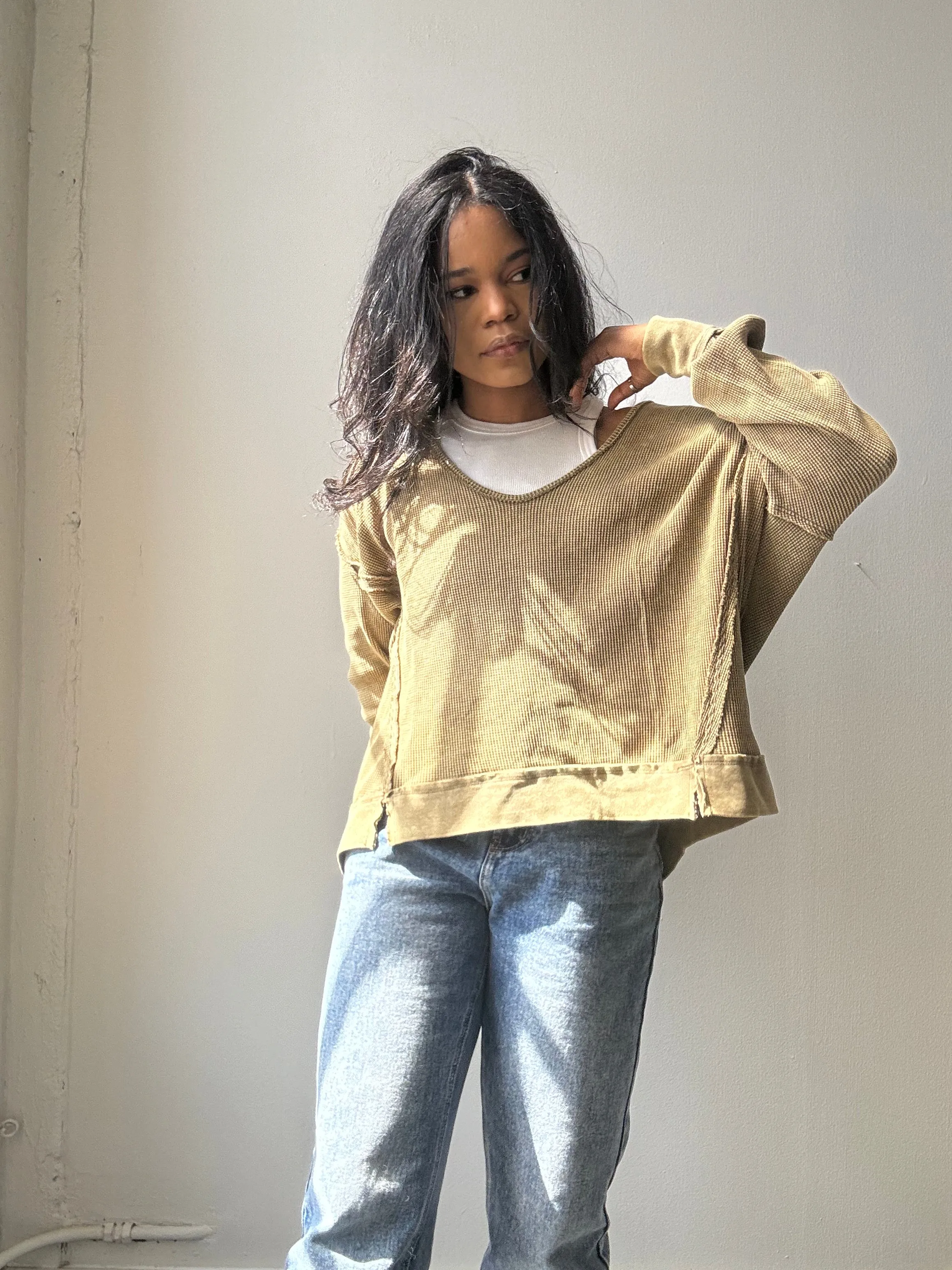 Blake Open Neck Cotton Pullover In Acid Olive