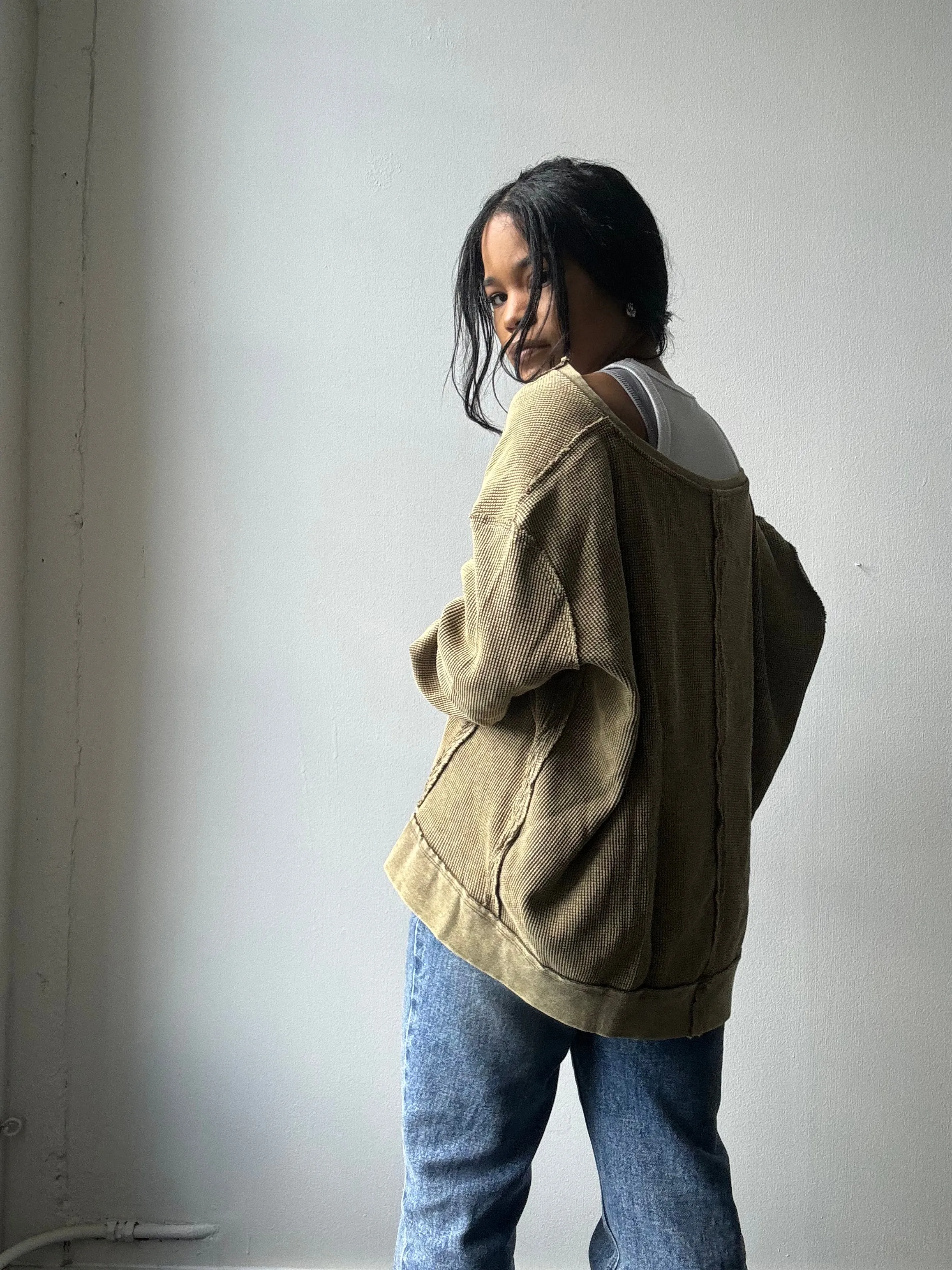 Blake Open Neck Cotton Pullover In Acid Olive