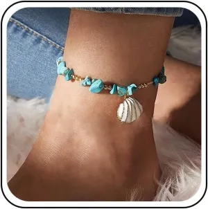 Bohemian Turquoise Scallop Ankle Bracelet Gold Scallop Dangle Anklet Bracelet Turquoise Bead Anklet Chain Summer Beach Foot Chain Jewellery for Women