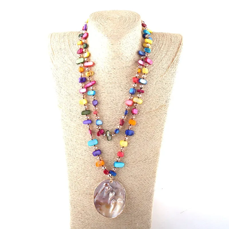 Boho Necklace, RH Big Crystal Shell Purple Necklaces