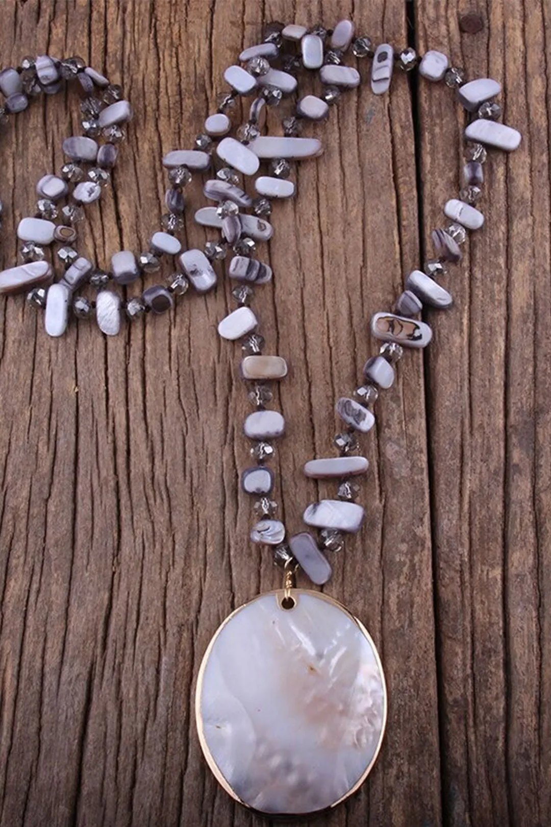 Boho Necklace, RH Big Crystal Shell Purple Necklaces