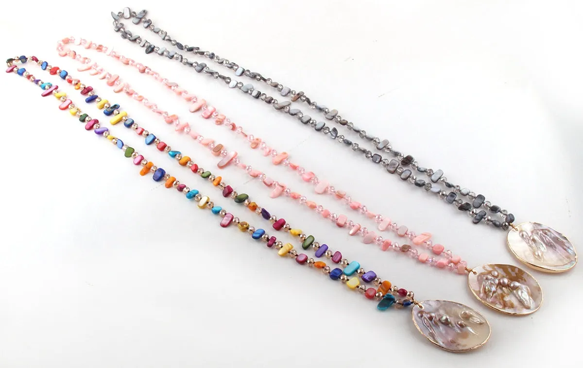 Boho Necklace, RH Big Crystal Shell Purple Necklaces