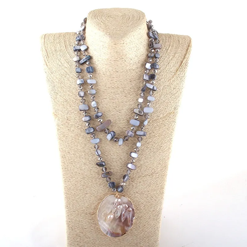Boho Necklace, RH Big Crystal Shell Purple Necklaces