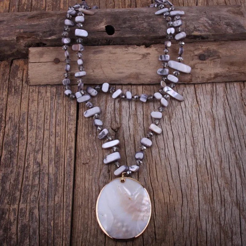 Boho Necklace, RH Big Crystal Shell Purple Necklaces
