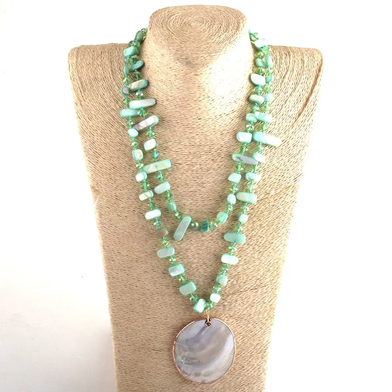 Boho Necklace, RH Big Crystal Shell Purple Necklaces