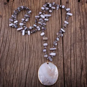 Boho Necklace, RH Big Crystal Shell Purple Necklaces