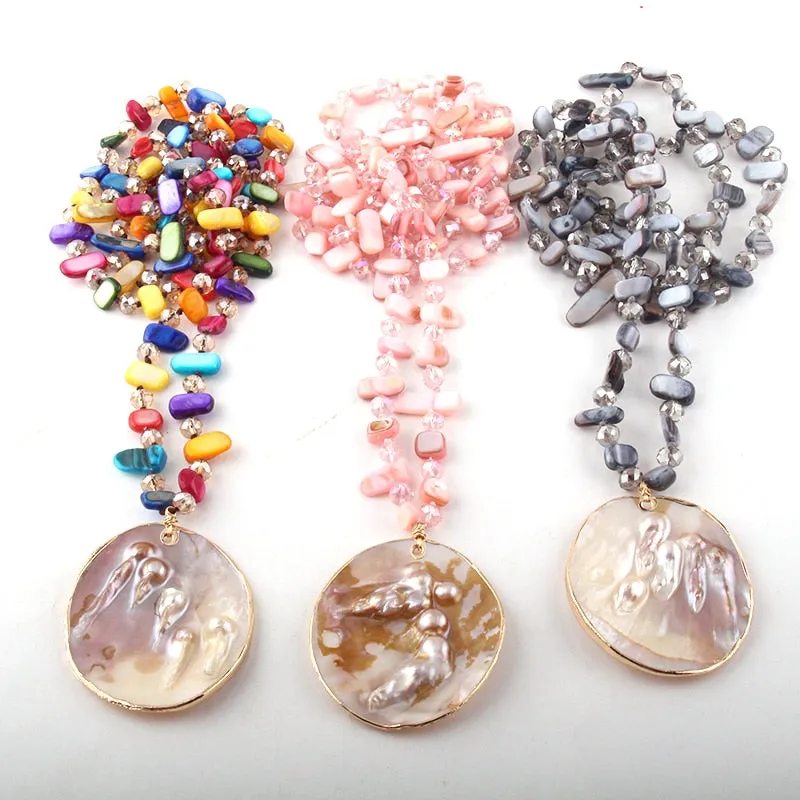 Boho Necklace, RH Big Crystal Shell Purple Necklaces