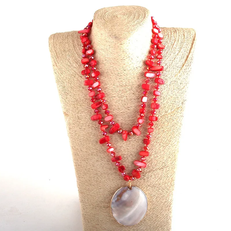 Boho Necklace, RH Big Crystal Shell Purple Necklaces