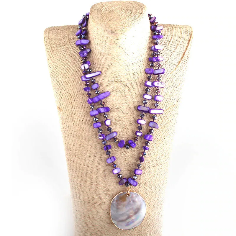Boho Necklace, RH Big Crystal Shell Purple Necklaces