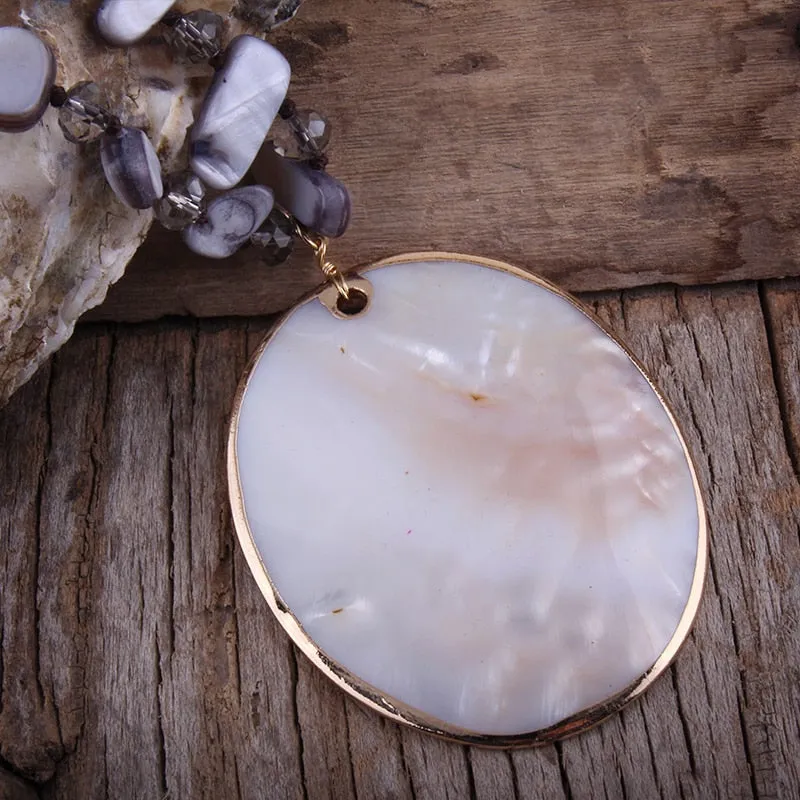 Boho Necklace, RH Big Crystal Shell Purple Necklaces