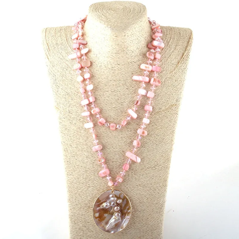 Boho Necklace, RH Big Crystal Shell Purple Necklaces