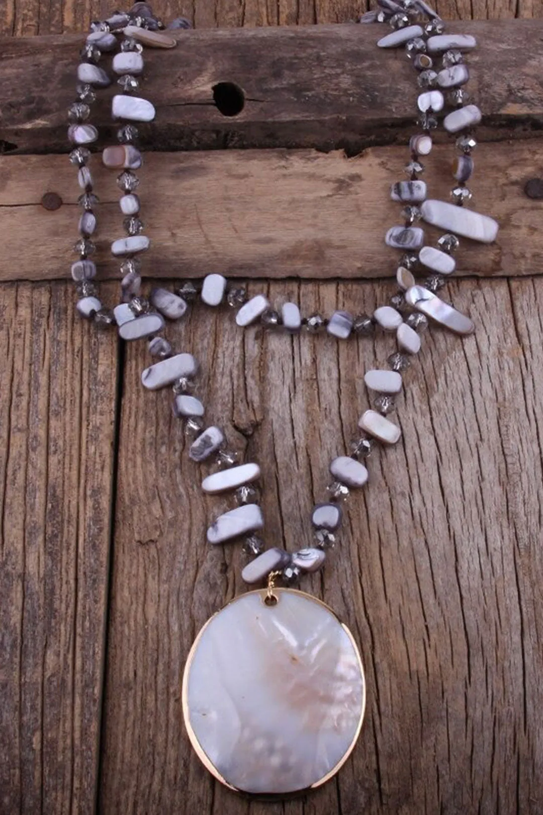 Boho Necklace, RH Big Crystal Shell Purple Necklaces