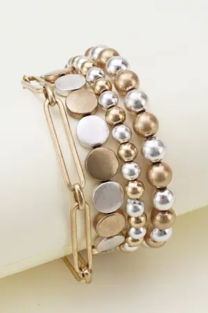 CB2146 Mixed Metallic Beads And Chain Bracelet Set