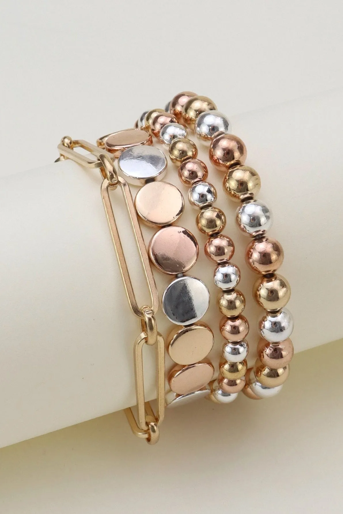 CB2146 Mixed Metallic Beads And Chain Bracelet Set
