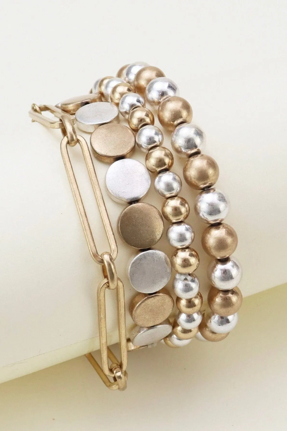 CB2146 Mixed Metallic Beads And Chain Bracelet Set