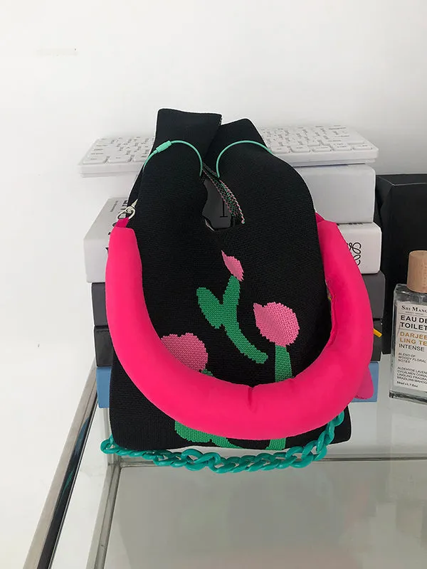 Chains Contrast Color Woven Handbags Bags
