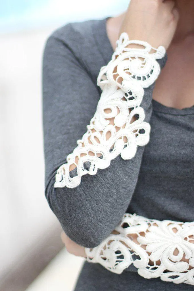 Charcoal Top With Crochet Sleeves
