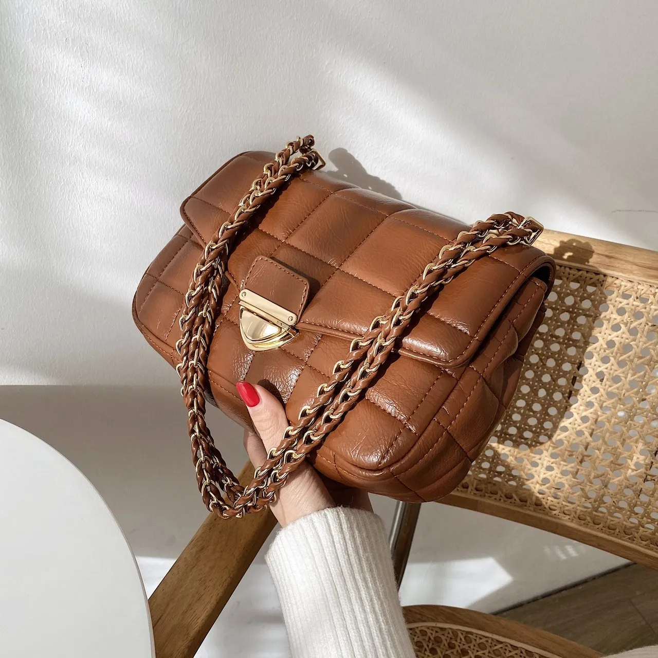 Christmas Gift 2021 Fashion New Branded Trending PU Leather Women's Designer Handbag and Purses Chain Lattice Square Shoulder Crossbody Bag