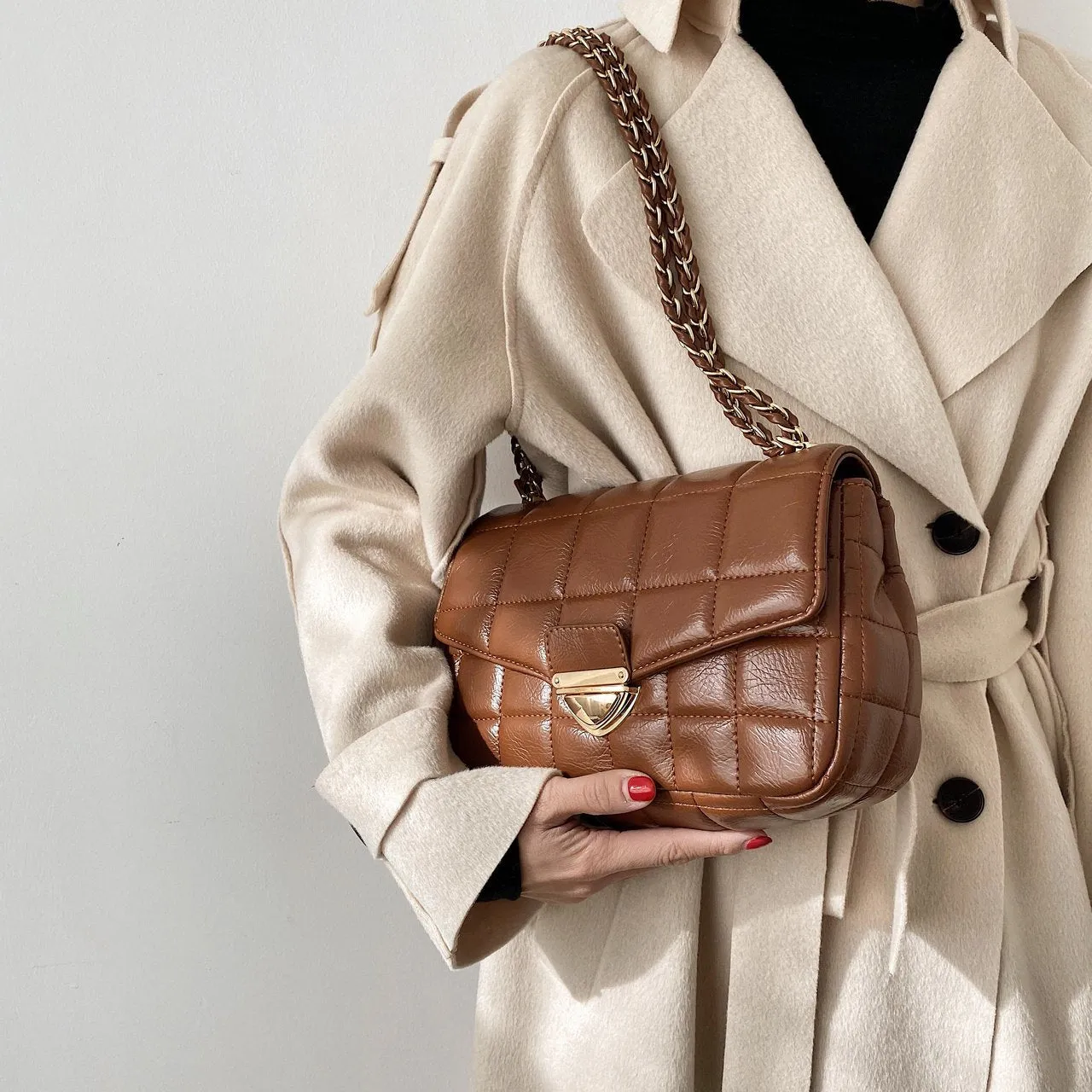 Christmas Gift 2021 Fashion New Branded Trending PU Leather Women's Designer Handbag and Purses Chain Lattice Square Shoulder Crossbody Bag
