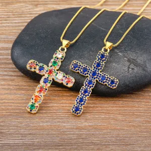 Classic Creative Design 6 Colors Cross Pendant Necklace Exquisite Shine Zircon Chain