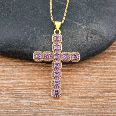 Classic Creative Design 6 Colors Cross Pendant Necklace Exquisite Shine Zircon Chain
