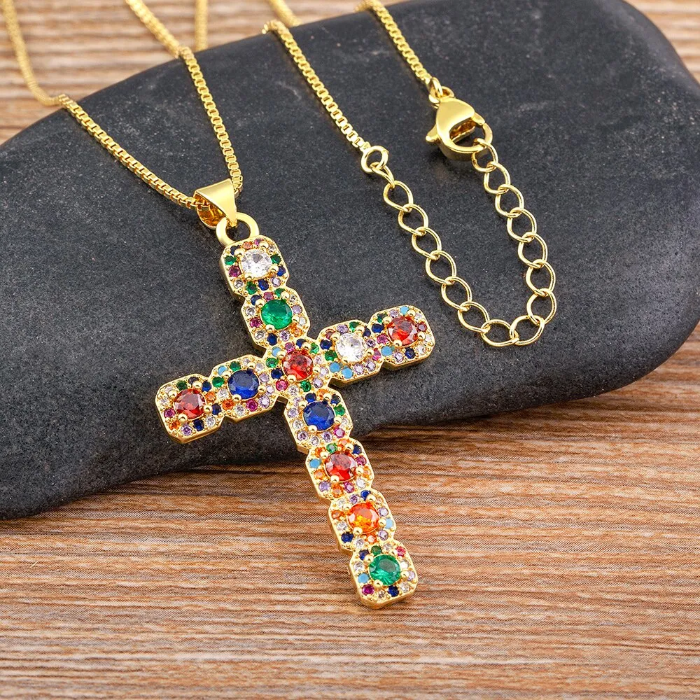 Classic Creative Design 6 Colors Cross Pendant Necklace Exquisite Shine Zircon Chain