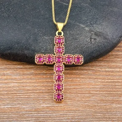 Classic Creative Design 6 Colors Cross Pendant Necklace Exquisite Shine Zircon Chain