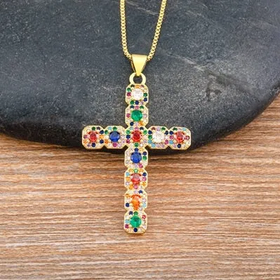 Classic Creative Design 6 Colors Cross Pendant Necklace Exquisite Shine Zircon Chain