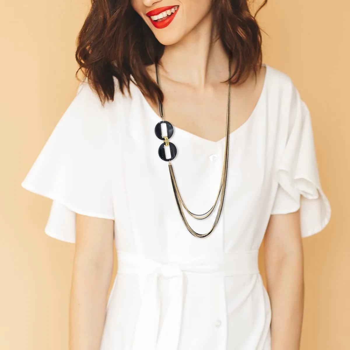 COOLSTEELANDBEYOND Long Layered Necklace, Statement Necklace with Acrylic Oval Link Charms, Waterfall Multi-Strand Gold Black Chains